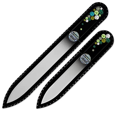 Mont Bleu Professional Set of 2 Glass Nail Files Hand Decorated with Swarovski Elements, in Black Velvet Sleeve, Genuine Czech Tempered Glass, Handmade Crystal Nail File for Women