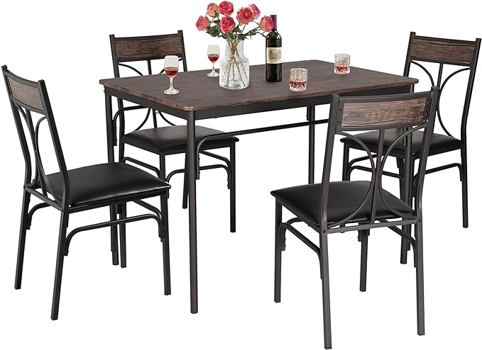 VECELO Kitchen Dining Room Table 4 Chairs for Small Space, Apartment,Metal Steel Frame, 5-Piece Set, Brown