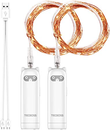 TECBOSS Rechargeable Led String Lights, 2 Pack 50 LED 16.4Ft String Fairy Lights, Battery Operated Lights for Wedding Party Home Garden Bedroom Outdoor Indoor Wall Decorations Christmas Decor