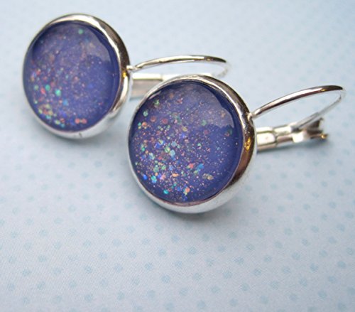 Glitter Glass Silver-Tone Leverback Drop Galaxy Earrings Iridescent Periwinkle Purple