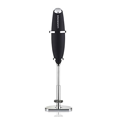 Electric Milk Frother Small Whisk Battery Operated Black with Stand Automatic Handheld Foam Maker Mini Drink Mixer by LUUKMONDE