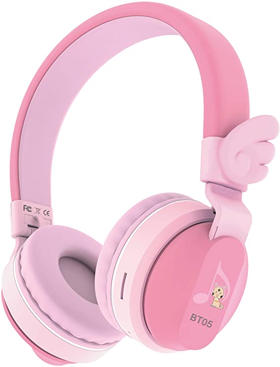 Headphones, Riwbox BT05 Wings Kids Headphones Wireless Bluetooth Over Ear 85dB/103db Volume Control Children Foldable Headphones with Mic/TF Card Compatible for iPad/iPhone/PC/School (Pink)