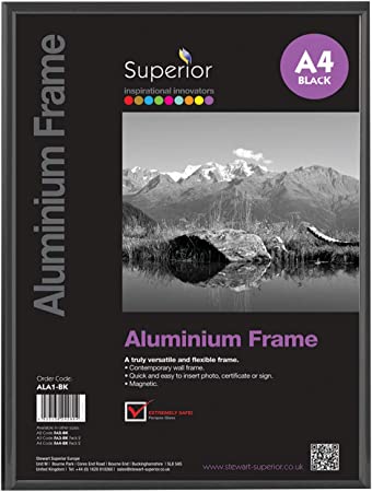 Stewart Superior A4 Brushed Aluminium Picture Frame with Perspex Safety Glass - Black