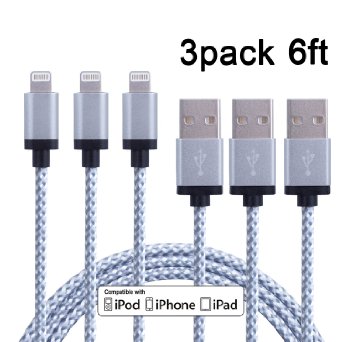 BestfyTM3Pack 6FT Nylon Braided 8pin to USB Sync Data and Charging Cable Cord with Alumnium Heads for iPhone 66 Plus6s6s Plus iPhone 5 5c 5s iPad 4 Mini Air iPod Nano 7 iPod Touch 5 white
