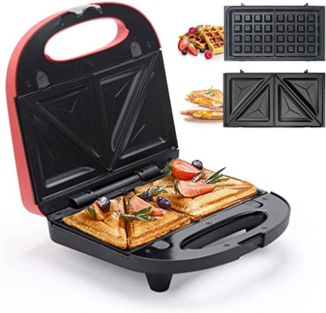 Sandwich Maker, Waffle Iron, multifun 2-in-1 Waffle, Omelet and Turnover Maker with Non-stick Detachable Plates, LED Indicator Lights, Cool Touch Handle, Anti-Skid Feet, Easy to Clean - Red