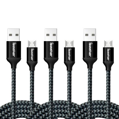 Micro USB Cords(3.3ft), iSeeker 3 Pack High Charging Speed USB 2.0 A Male to Micro Nylon Braided Cords with Aluminum Connectors for Andriod,Samsung and more(Black)