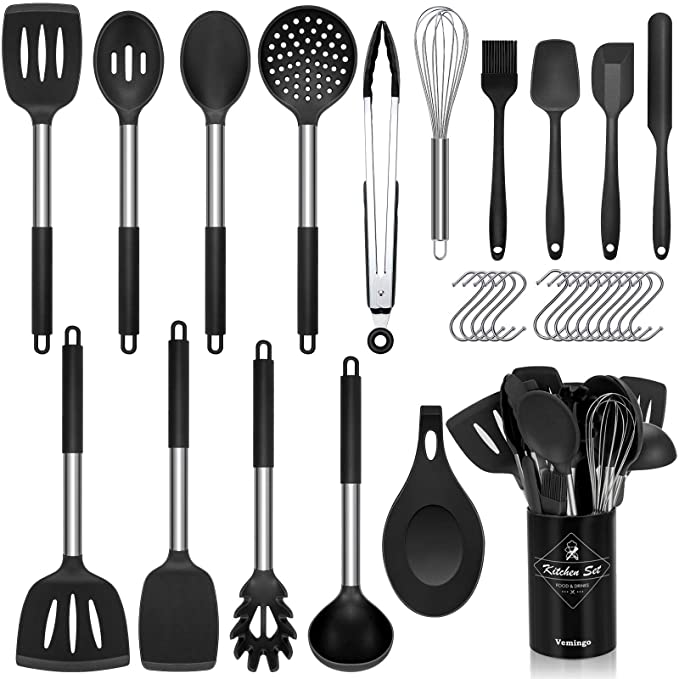 Vemingo Kitchen Utensil Set 31pcs Silicone Cooking Set, Kitchen Gadget Set with Cooking Tools Turner Spoon Spatula Tongs Nonstick Heat Resistant Cookware with Holder and 15 Hooks - Black