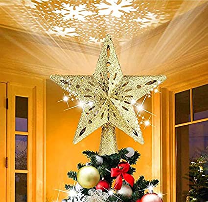 Aogist Christmas Tree Topper, Star Christmas Tree Topper Lighted with Built-in LED Rotating Snowflake Projector Lights, 3D Glitter Hollow Night Light Topper for Xmas Tree Decoration