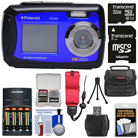 Polaroid iE090 Dual Screen Shock & Waterproof Digital Camera (Blue) with 32GB Card   Batteries & Charger   Case   Strap   Tripod   Kit