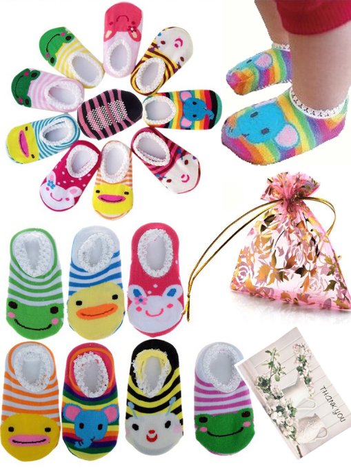 BS® 5 Pairs Age 0-2 Newborn Baby Toddler Anti Slip Skid Socks   Gift bag   Gift Card, Stripes No-Show Crew Boat Socks Footsocks sneakers, Length 9-15cm/3.54-5.9inch