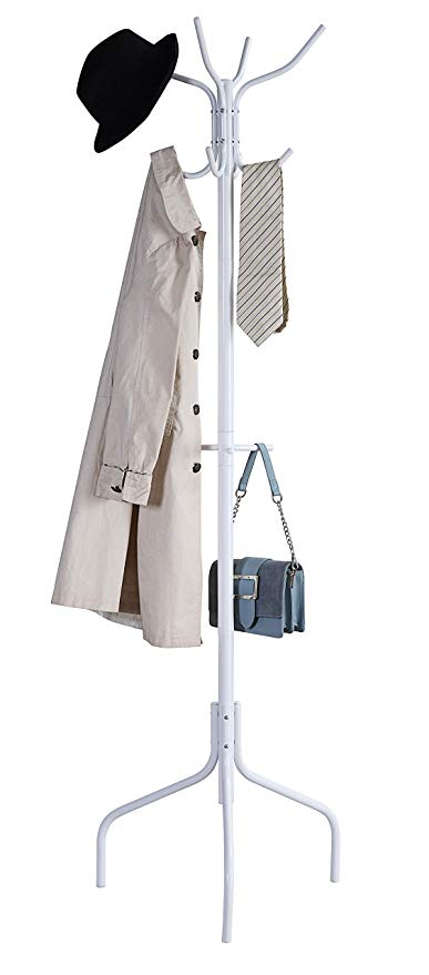 SunnyPoint Standing Metal Coat Rack Hat Hanger 11 Hook for Jacket, Purse, Scarf Rack, Free Standing, White