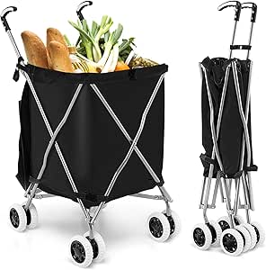 COSTWAY Folding Shopping Cart, Portable Grocery Cart on Wheels with Removable Waterproof Oxford Cloth Liner, Transport Up to 120 Pounds, Lightweight Utility Cart for Groceries, Laundry (Black)