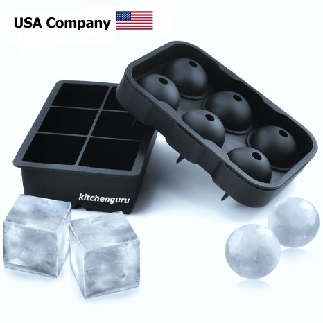 kitchenguru Silicone Ice Cube Trays & Molds - Combo Kit Makes Large Cubes AND Round Ice Balls - Impress your friends with the coolest of ice cubes that won't water down your drink!