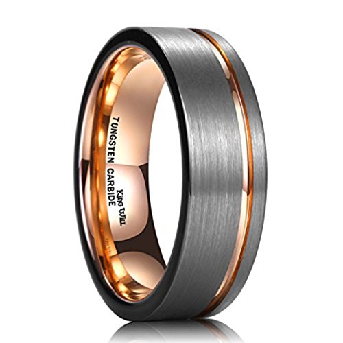 King Will Tungsten Carbide Wedding Ring 7mm Rose Gold Line Flat Pipe Cut Brushed Polished Comfort Fit