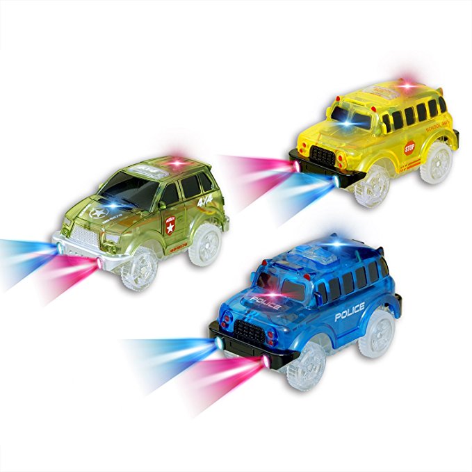 Car Tracks, (3 Pack) Green Military Jeep, Blue Police Bus and Yellow School Bus , with 5 LED Lights, Compatible with Most Tracks,Best Gift for Boys and Girls