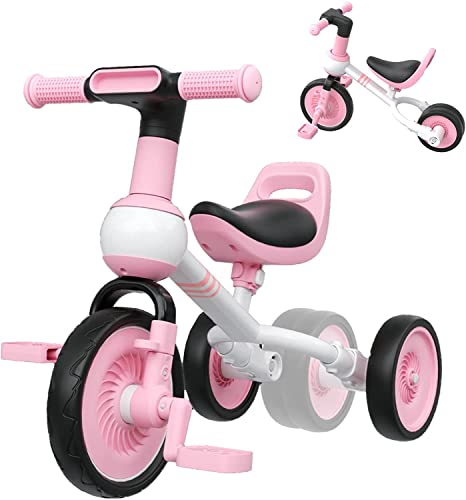 GLAF 4 in 1 Toddler Bike for 10 Month to 3 Years Old for Boys Girls Toddler Tricycle 1-3 Year Old Baby Tricycles for 1 Years Old Kids Trike with Removable Pedal and Comfortable PU Seat (Pink)