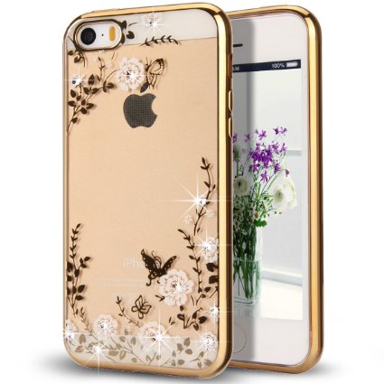 iPhone SE Case,iPhone 5S Case,NSSTAR White Butterfly Floral Flower Bling Crystal Rhinestone Diamonds Clear Rubber Golden Plating Frame TPU Soft Silicone Bumper Case Cover for iPhone SE & iPhone 5S 5