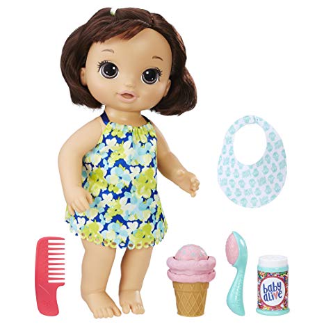 BABY ALIVE MAGICAL SCOOPS BABY: Brunette Baby Doll with Dress and Accessories: Ice Cream Cone, Scooper, Comb and More, Perfect Toy For 3-Year-Old Girls and Boys and Up