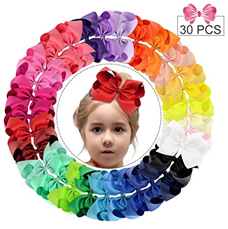 30pcs Hair Bows for Girls 6" Big Boutique Bow Alligator Clips Grosgrain Ribbon Hair Accessories Toddlers Kids Teens