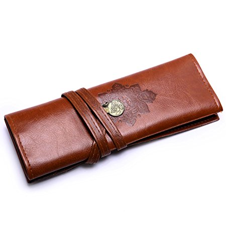 Brown Twilight Vintage PU Leather Multifunctional Rollup Pencil Case Cosmetics Makeup Pouch Organizer Pen and Pencil Case