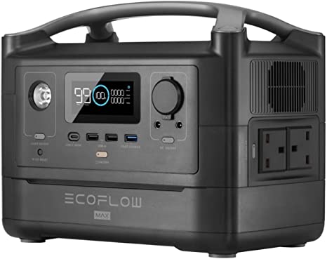 EF ECOFLOW Portable Power Station RIVER Max, 576Wh Backup Lithium Battery with 2 x 600W (Peak 1200W) AC Outlets & LED Flashlight, Clean & Silent Solar Generator for Outdoor Camping RV