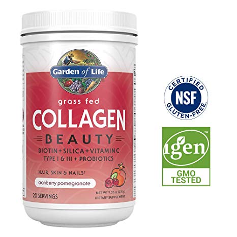 Garden of Life Grass Fed Collagen Beauty Powder for Hair Skin & Nails - Cranberry Pomegranate, 20 Servings - 12g Type I & III Peptides, Biotin, Silica, Vitamin C, Probiotics - Gluten Free, Keto Paleo