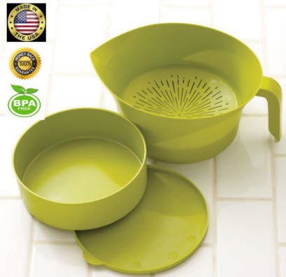 Kitchen Strainer Set Plastic Green 3 Pc High Quality Colander Storage Bowl with Handle