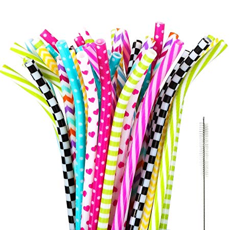 Boao 50 Pieces Reusable Bent Straws Plastic Straws Colorful Drinking Straws with Buckle and Cleaning Straw Brush for Kids Adults, 10 Styles