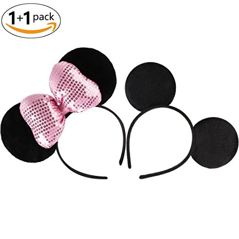 A Minnie Mouse Ear with Bows Headband and A Mickey Mouse Ear Headband for Boys and Girls Birthday Party or Celebrations