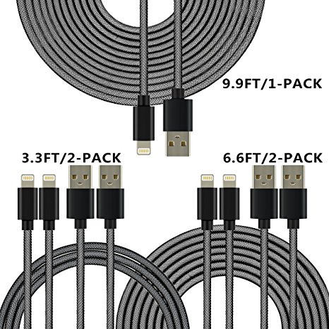 [ 5-Pack ] originAIM High Speed Nylon Braided USB to Lightning Charging Cables (3FT2, 6FT2, 10FT1) (Black)