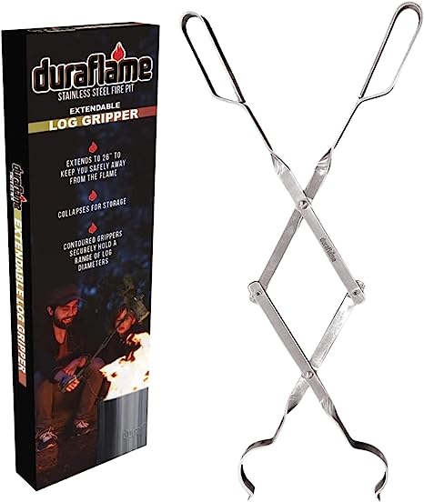 Duraflame™ Extendable Log Gripper and Grabber – 26” Long Stainless Steel Fire Pit Tong with Contour & Dual Poker Tips, Collapses for Storage, Safe & Comfortable to Use.