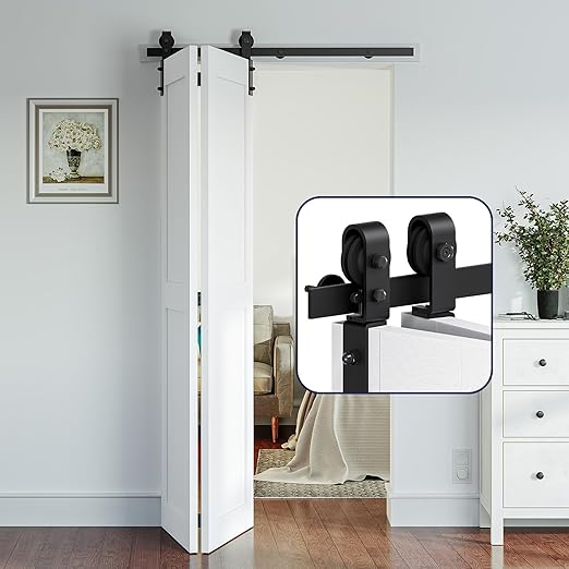 SMARTSTANDARD 4.3ft/52'' Bi-Folding Sliding Barn Door Hardware Kit, Bifold Barn Door Hardware Heavy Duty Sturdy Side Mounted for 2 Doors -Smoothly and Quietly-Easy to Install, Fit 48'' Door, No Doors