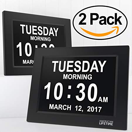 [Newest Version] American Lifetime Day Clock - Extra Large Impaired Vision Digital Clock with Battery Backup & 5 Alarm Options (Black - 2 pack)