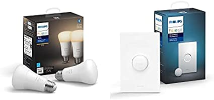 Philips Hue Smart Bundle: 2-Pack White A19 LED Smart Bulb Bluetooth   Hue Smart Button (Hue Hub Optional, Compatible with Alexa, Google Assistant)