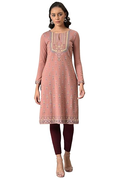 W for Woman Old Rose Pink Floral Printed Winter Kurta