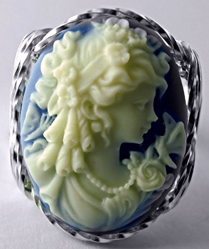 .925 Sterling Silver Blue Grecian Goddess Butterflies Large Cameo Ring Jewelry