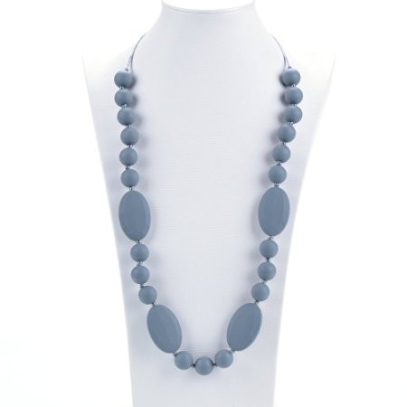 Silicone Teething Necklace - 12 Color Choices - Baby Safe For Mom To Wear - BPA-Free Chew Beads - Stylish & Natural "Cora" (Glacier Grey)
