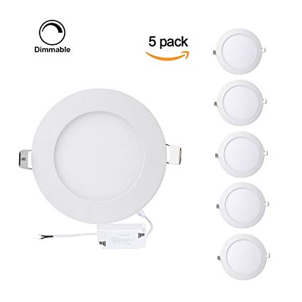 ProGreen Pack of 5 Units 12W Flat LED Panel Light, Dimmable Round Ultrathin LED Recessed Downlight, 960lm, Neutral White 4000K, Cut Hole 6.1 Inch, Panel Ceiling Lighting with 110V LED Driver