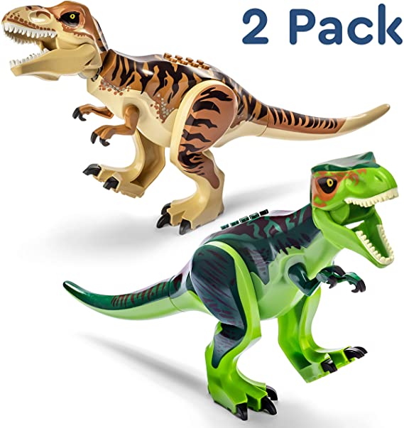 Dino Toys Building Blocks Set of 2 T-Rex Figures for Ages 3  Educational Jurassic Dinosaur Toys with Movable Limbs and Mouth – Safe ABS Plastic Dinosaur Set, 11.2x6.7 - Includes Bag and Stickers!