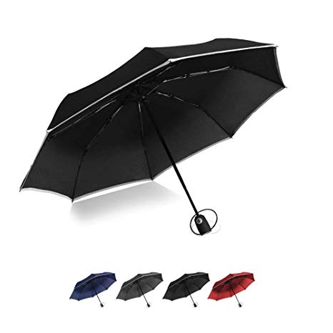Brainstorming Windproof Travel Umbrella, Automatic Compact Umbrella with Reflective Stripe, Teflon Coating, Ergonomic Handle, Compact Portable Outdoor Umbrellas with 8 Fiberglass Ribs - Black