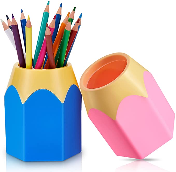 2 Pieces Pencil Shaped Pen Holders Pencil Storage Organizer Cute Desktop Pen Cup Colorful Vase Pencil Pot Cartoon Stationery Rack Classroom Home Office Supplies Desktop Decor (Pink, Blue)