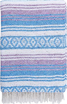 Mexican Blanket Pastel Bloom Collection Yoga Classic Mexican Falsa Pattern Woven Throw 51in x 74in (Blue and Lavender)
