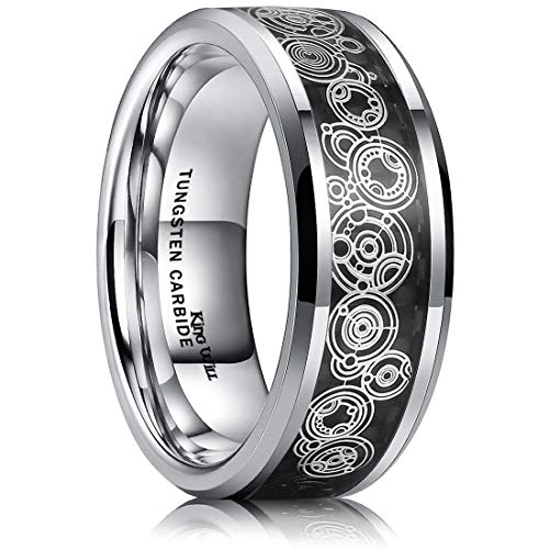 King Will Mens 8mm Black/Silver Tungsten Carbide Wedding Ring Blue/Black Carbon Fiber & Rose Gold Unique Pattern Inlay High Polished