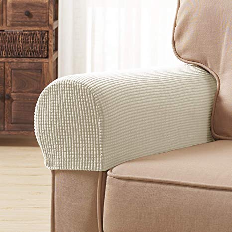 Subrtex Spandex Stretch Fabric Armrest Covers Anti-Slip Furniture Protector Sofa Armchair Slipcovers for Recliner Sofa Set of 2 with Free Twist Pins for Fixing (Ivory with Twist Pins)