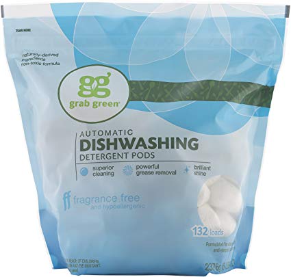 Grab Green Natural Dishwasher Detergent Pods, Free & Clear/Unscented, 132 Count, Fragrance Free, Organic Enzyme-Powered, Plant & Mineral-Based