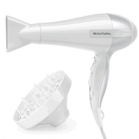 Beautural Professional 1875W Hair Dryer Styler with Ionic, 3 Heat Levels & 2 Speeds Settings, Cool Airflow, Concentrator & Diffuser Attachments - White