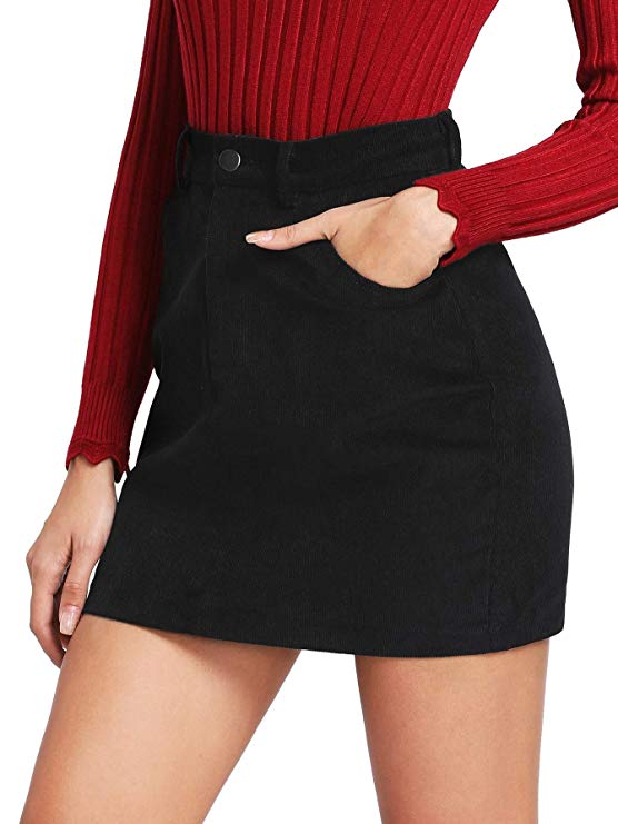 SheIn Women's Casual Corduroy Pocket Front Zipper Above Knee Bodycon Short Skirt