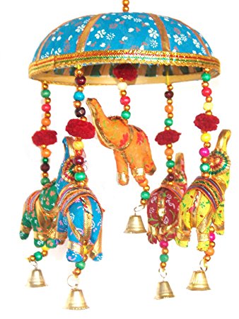 Indian Traditional Elephant Turquoise Umbrella Hanging Layer Of Five Elephant