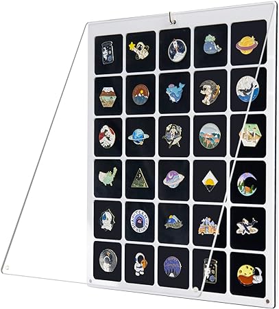 HIIMIEI Clear Acrylic Pin Collection Display Organizer, Dust-Free Table Top & Wall Pin Display Holder Board for Enamel Pin, Jewelry Pins, Pin Gift, Pin Enthusiast, Pokemon Badges (11x14, 30 Grids)