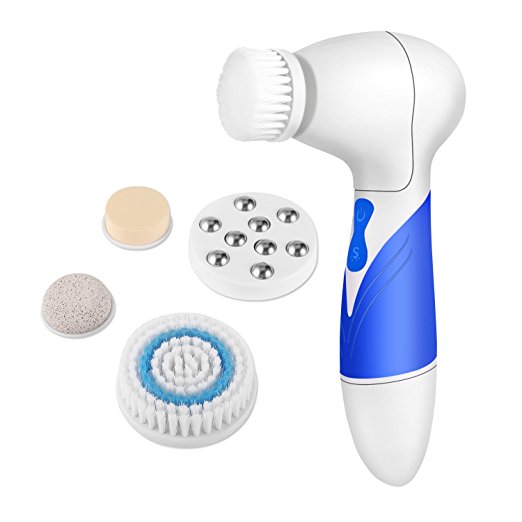 YKS IPX7 Waterproof Facial Cleansing Brush Body and Face Scrubber Skin Microdermabrasion Exfoliator and Massager Bi-directional Rotation with 5 Brush Heads